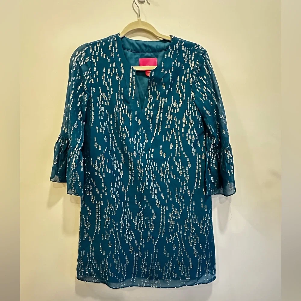 Lilly Pulitzer Elenora Dress Tidal Teal Turquiose Green Gold Flecks XS - Picture 2 of 11